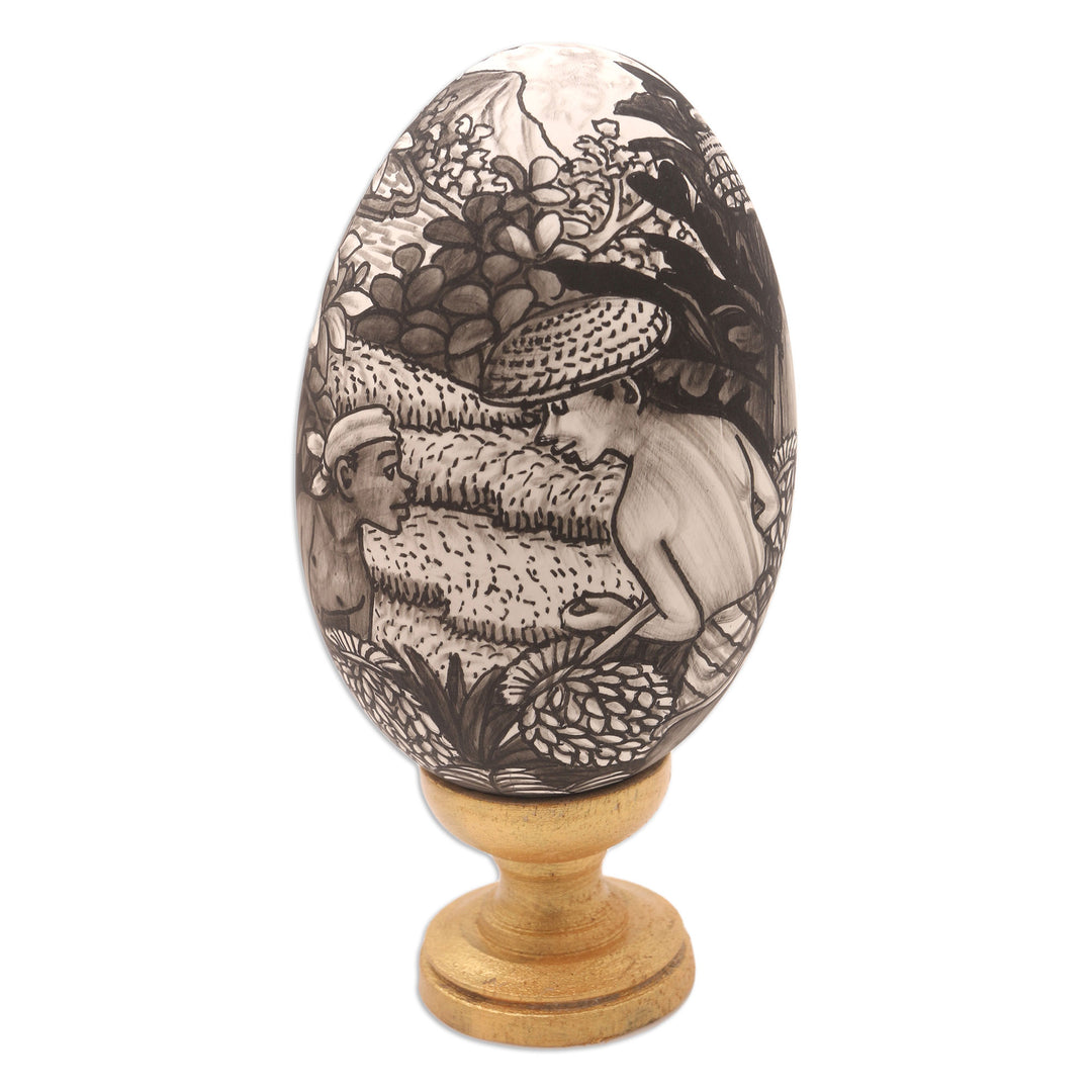Artisan Crafted Balinese Wood Egg Sculpture - Rice Farmer