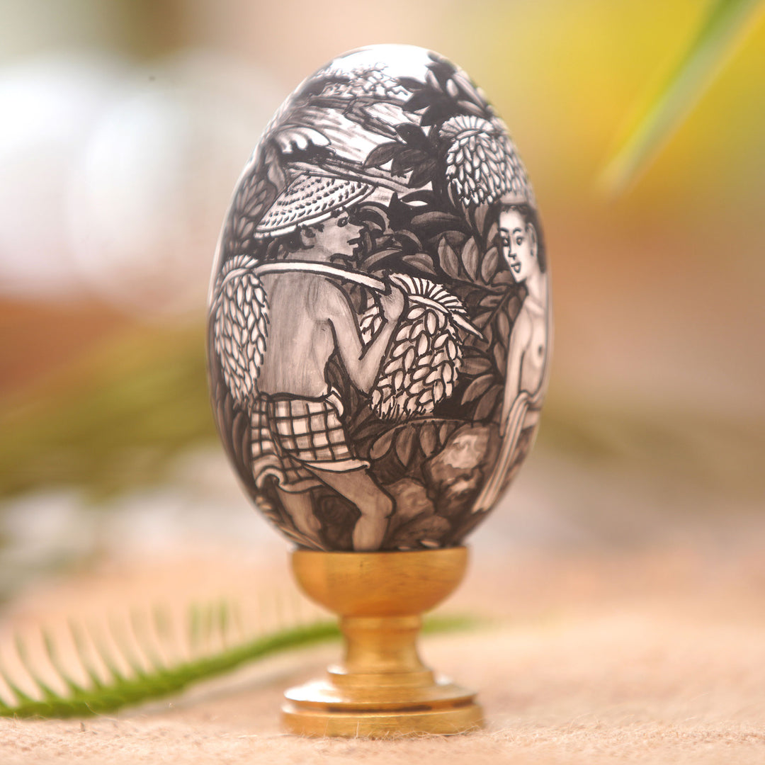 Artisan Crafted Balinese Wood Egg Sculpture - Rice Farmer