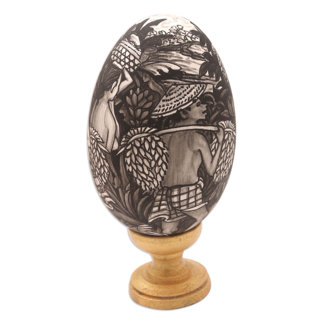 Artisan Crafted Balinese Wood Egg Sculpture - Rice Farmer