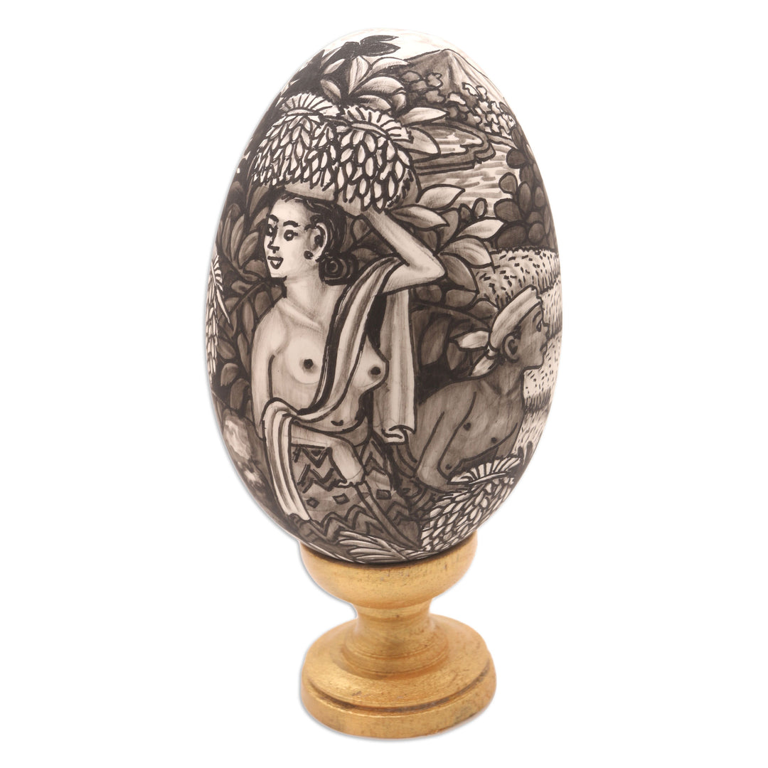 Artisan Crafted Balinese Wood Egg Sculpture - Rice Farmer