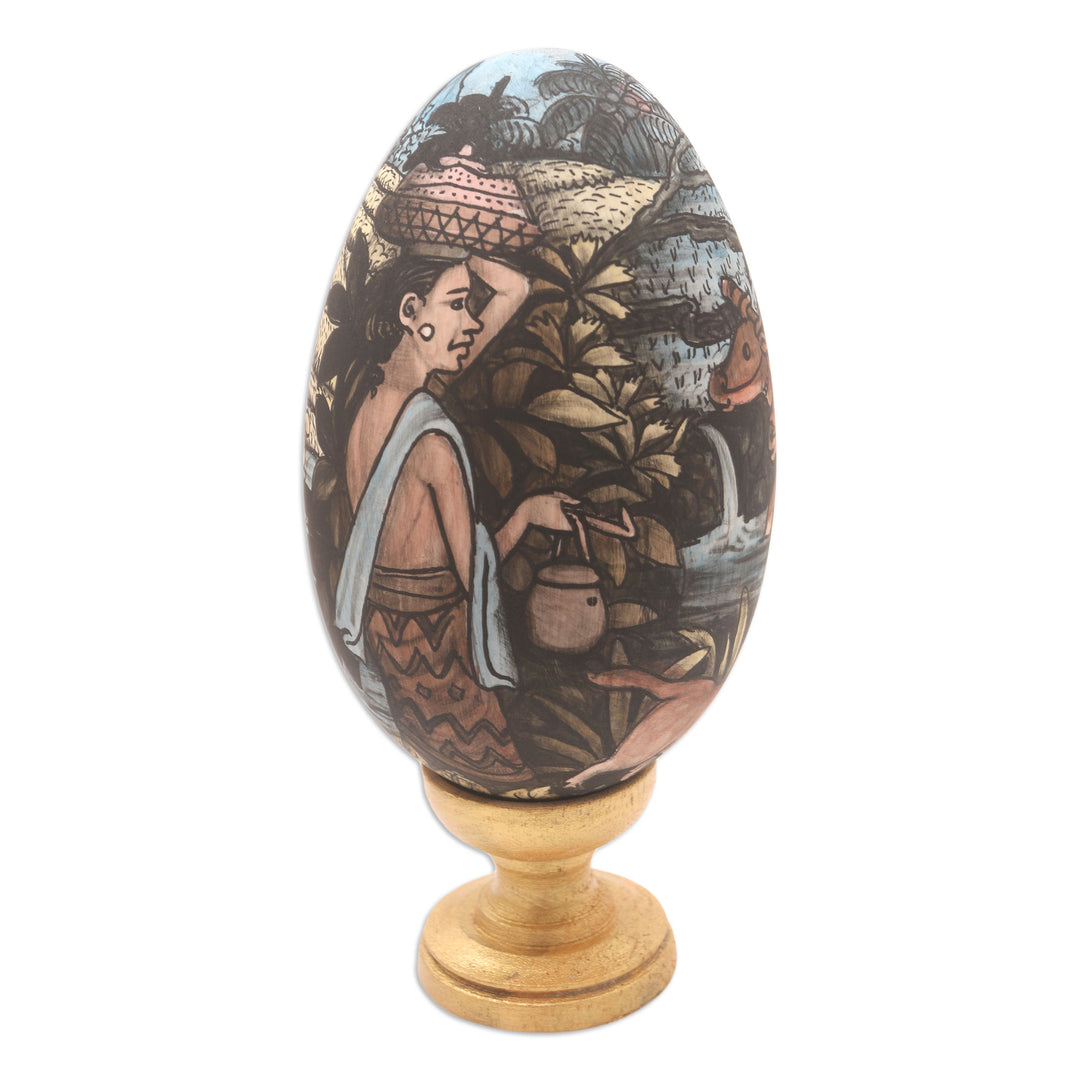 Egg-Shape Wood Sculpture with Farm Theme - Traditional Plow