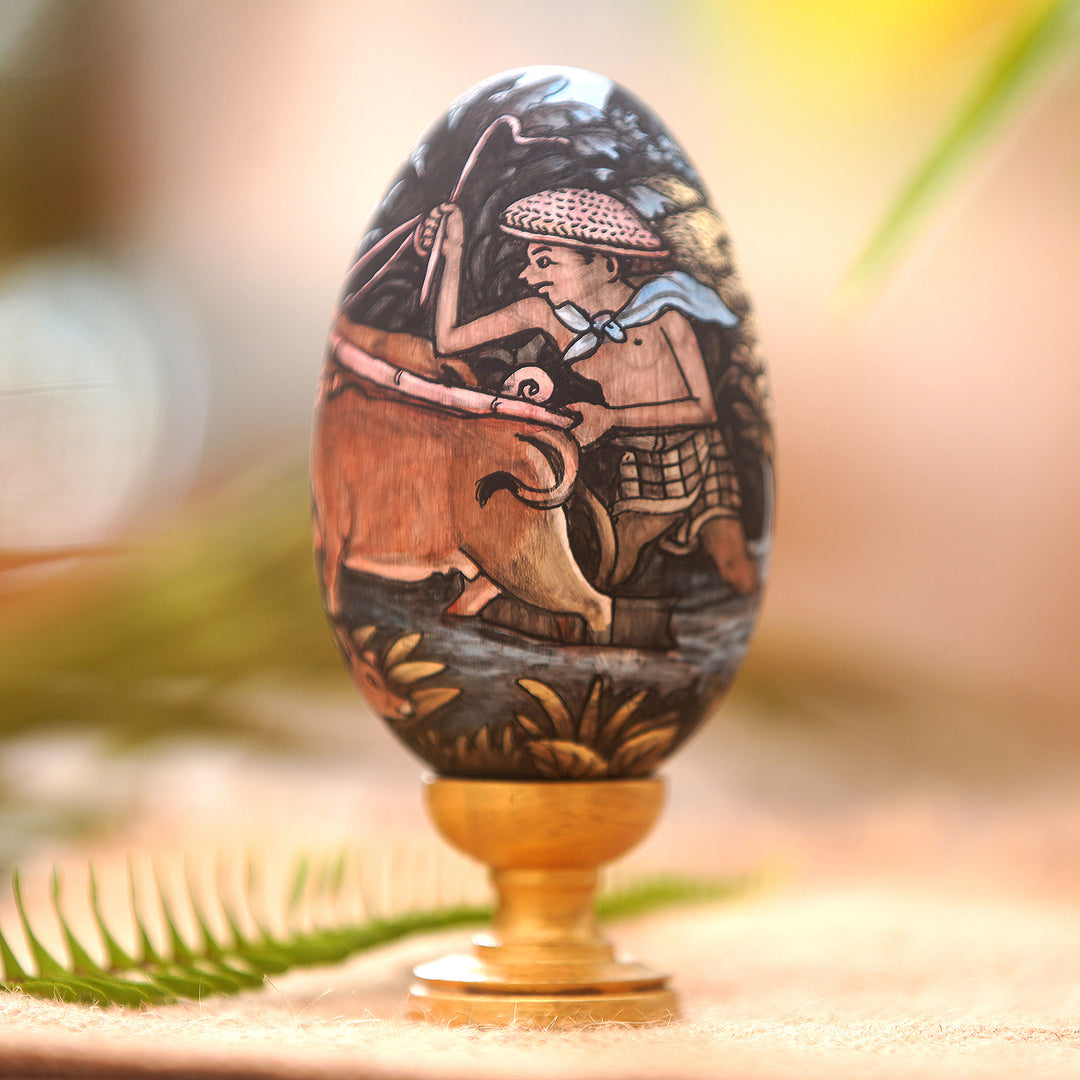 Egg-Shape Wood Sculpture with Farm Theme - Traditional Plow