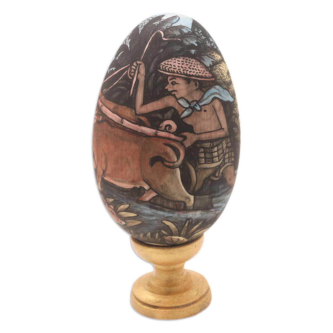 Egg-Shape Wood Sculpture with Farm Theme - Traditional Plow