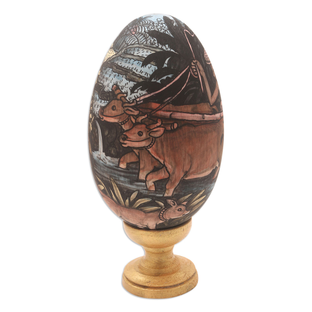 Egg-Shape Wood Sculpture with Farm Theme - Traditional Plow