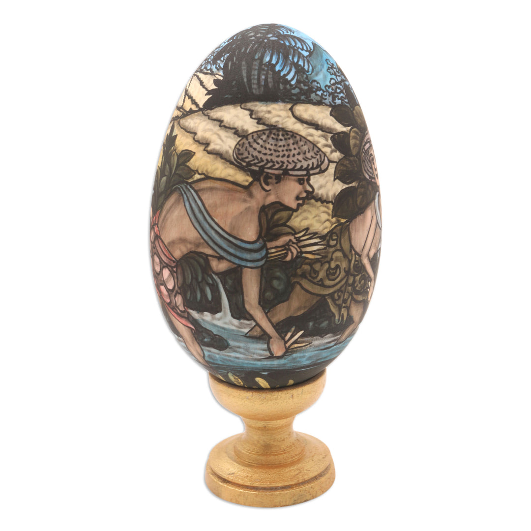 Hand-Painted Indonesian Wood Egg Sculpture - Juru Pencar