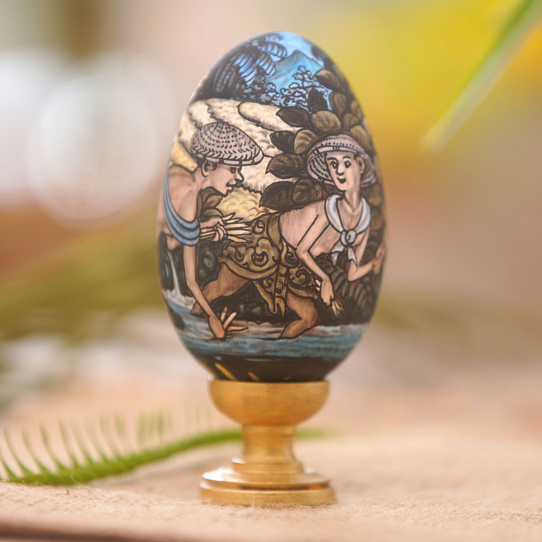 Hand-Painted Indonesian Wood Egg Sculpture - Juru Pencar