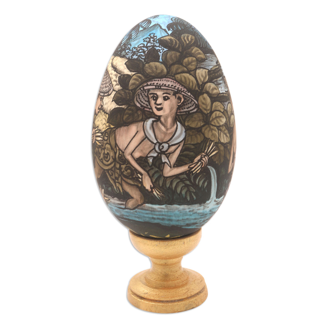 Hand-Painted Indonesian Wood Egg Sculpture - Juru Pencar