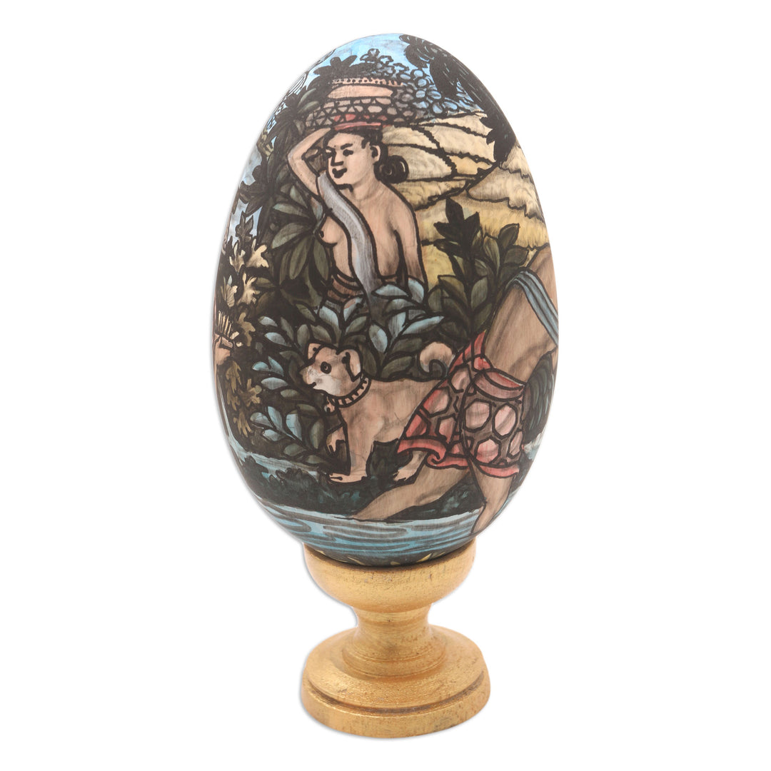 Hand-Painted Indonesian Wood Egg Sculpture - Juru Pencar
