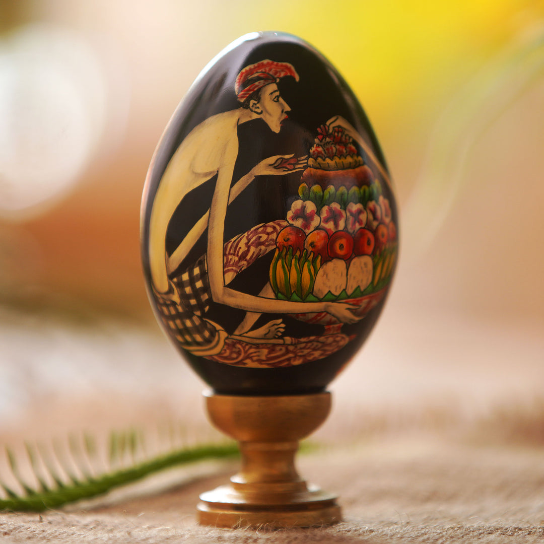 Hand-Painted Wood Egg Sculpture with Bali Offering Motif - Balinese Gebogan