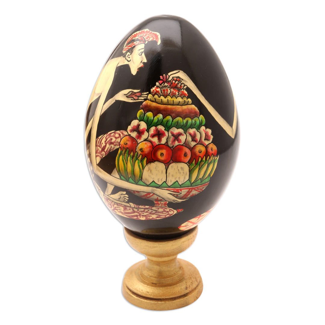 Hand-Painted Wood Egg Sculpture with Bali Offering Motif - Balinese Gebogan