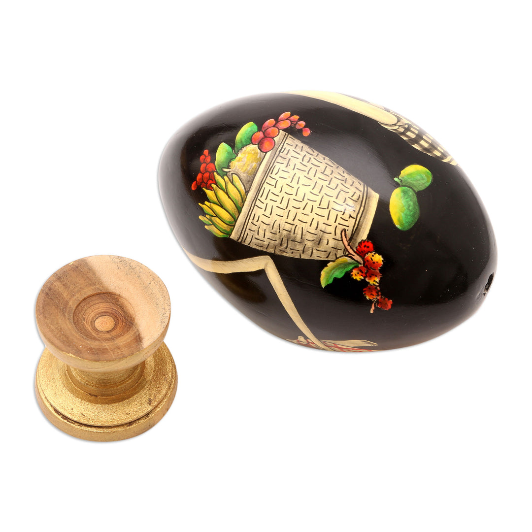 Hand-Painted Wood Egg Sculpture with Bali Offering Motif - Balinese Gebogan