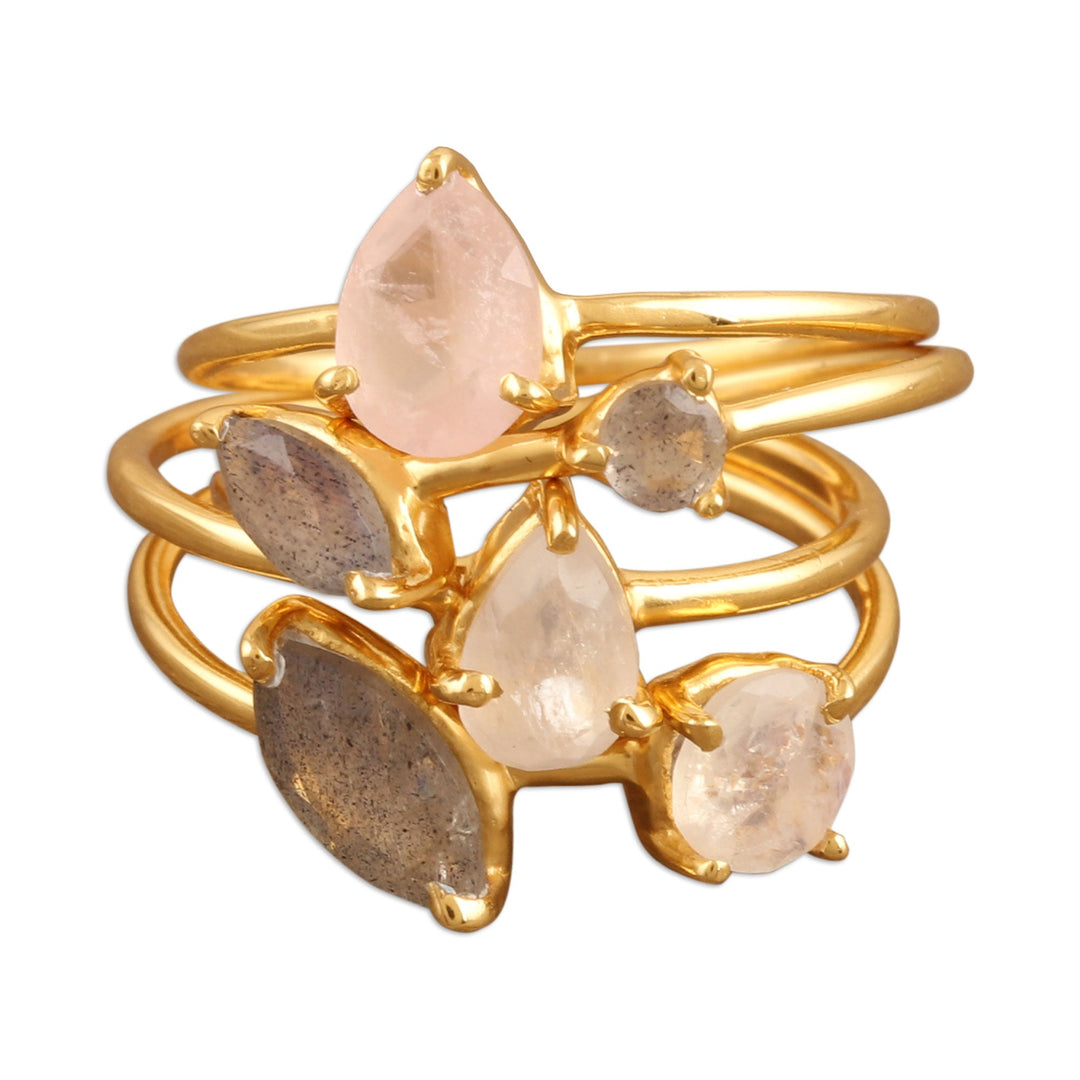 Indian Gold-Plated Gemstone Stacking Rings (Set of 4) - Sparkling Stars