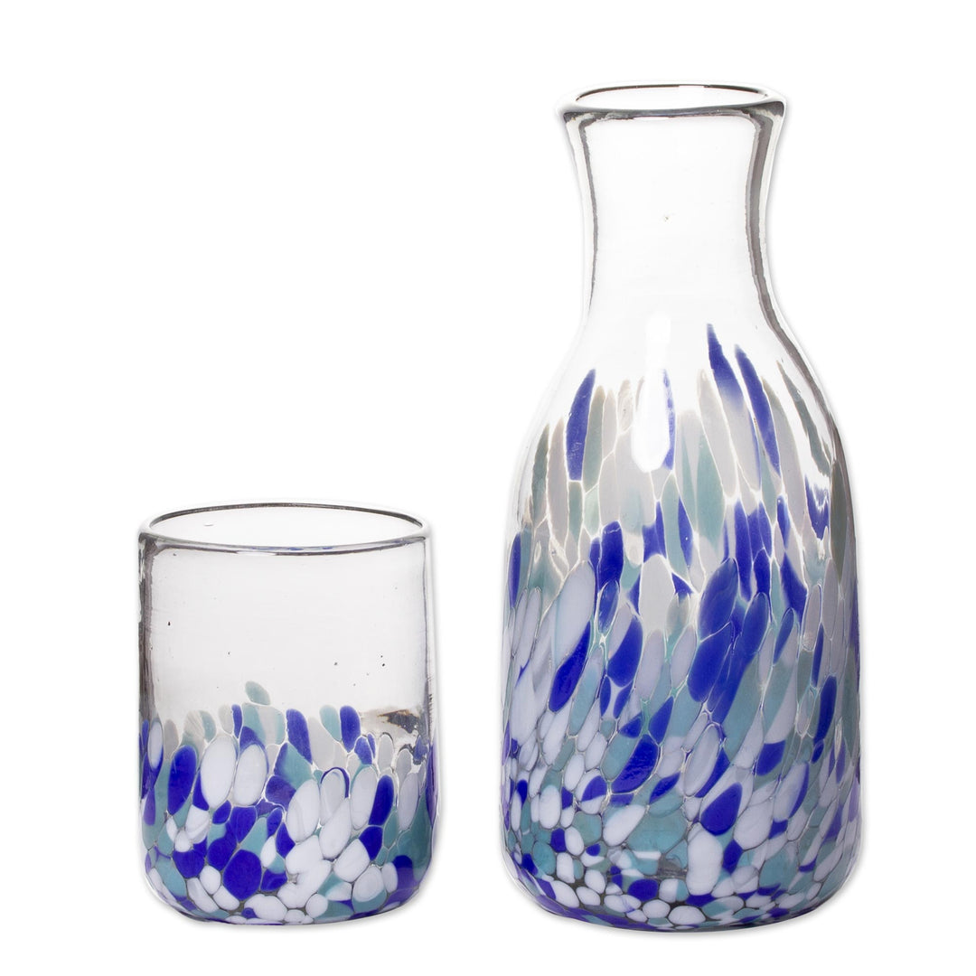 Handmade Glass Carafe and Cup (Pair) - Blue Confetti