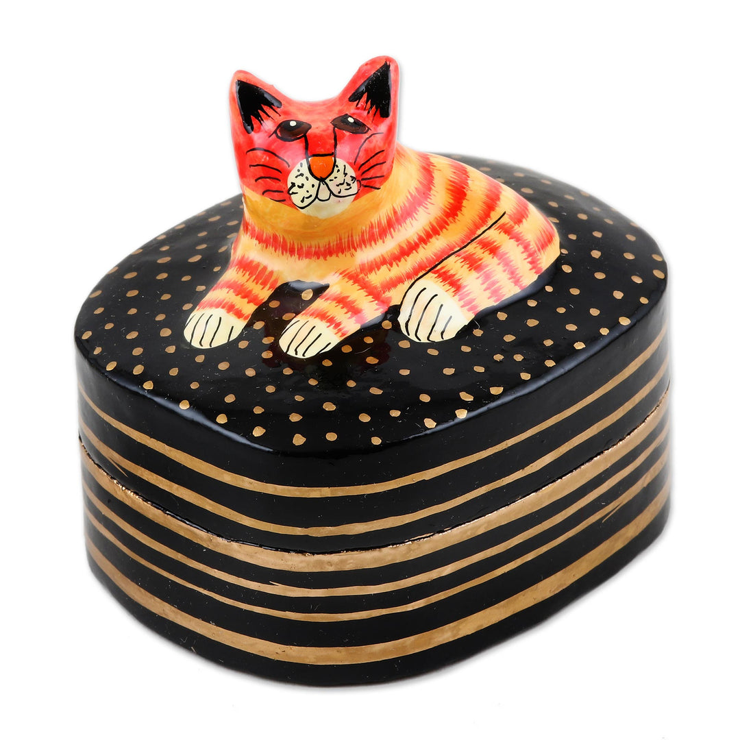 Hand-Painted Cat Papier Mache and Wood Decorative Box - Feline Friend