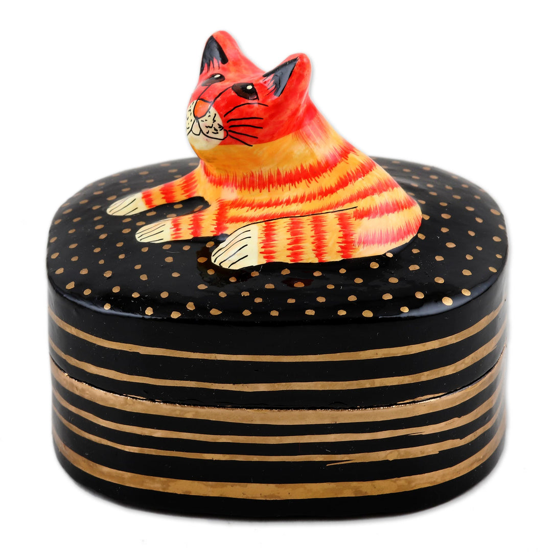 Hand-Painted Cat Papier Mache and Wood Decorative Box - Feline Friend