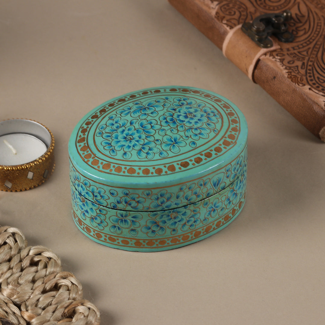 Blue Floral Papier Mache and Wood Oval Decorative Box - Blue Blossoms