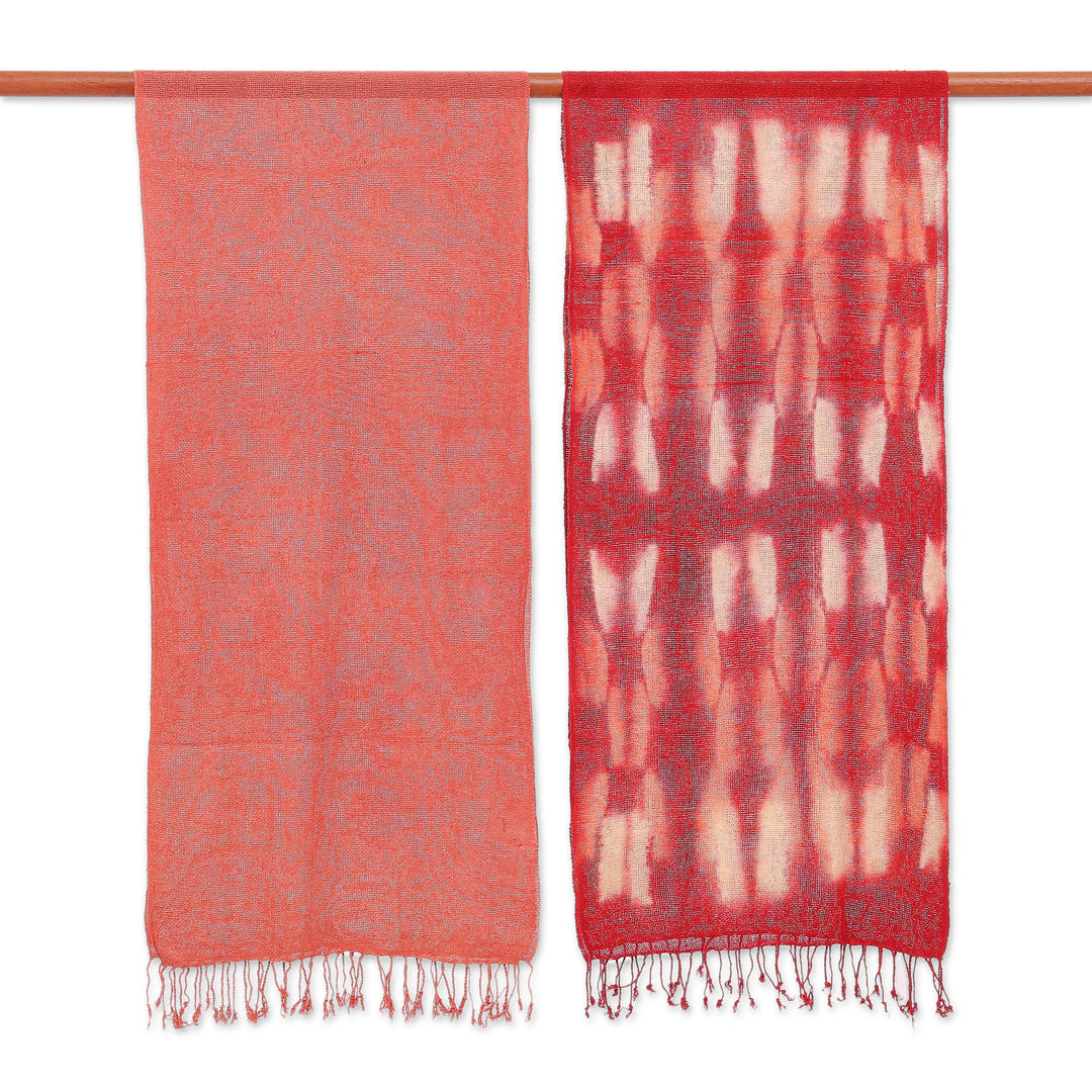 Hand-Woven Batik Silk Scarves in Crimson and Orange (Pair) - Cozy Nook