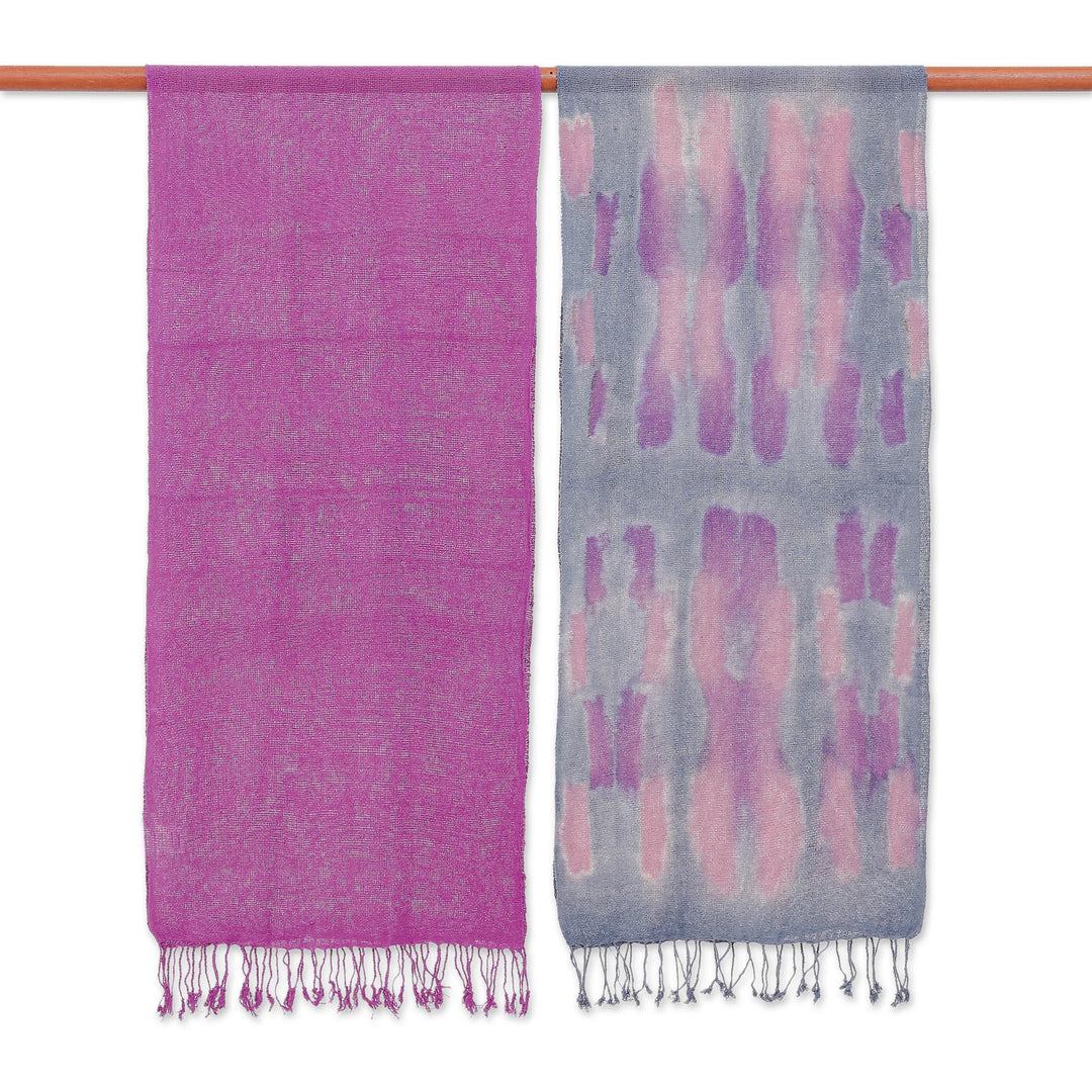 Hand-Woven Batik Silk Scarves in Purple and Grey (Pair) - Stormy Sky
