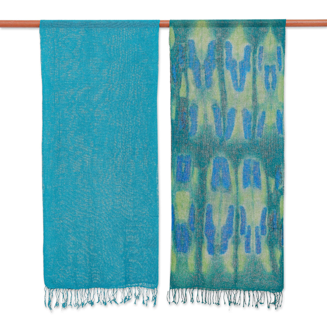 Hand-Woven Batik Silk Scarves in Teal (Pair) - Teal Sea