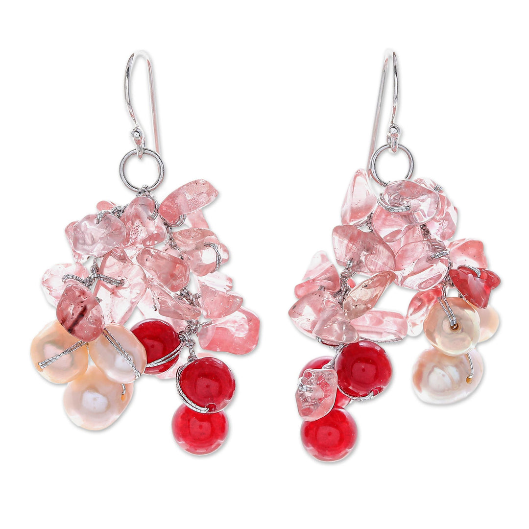 Thai Cultured Pearl and Quartz Dangle Earrings - Pink Palace