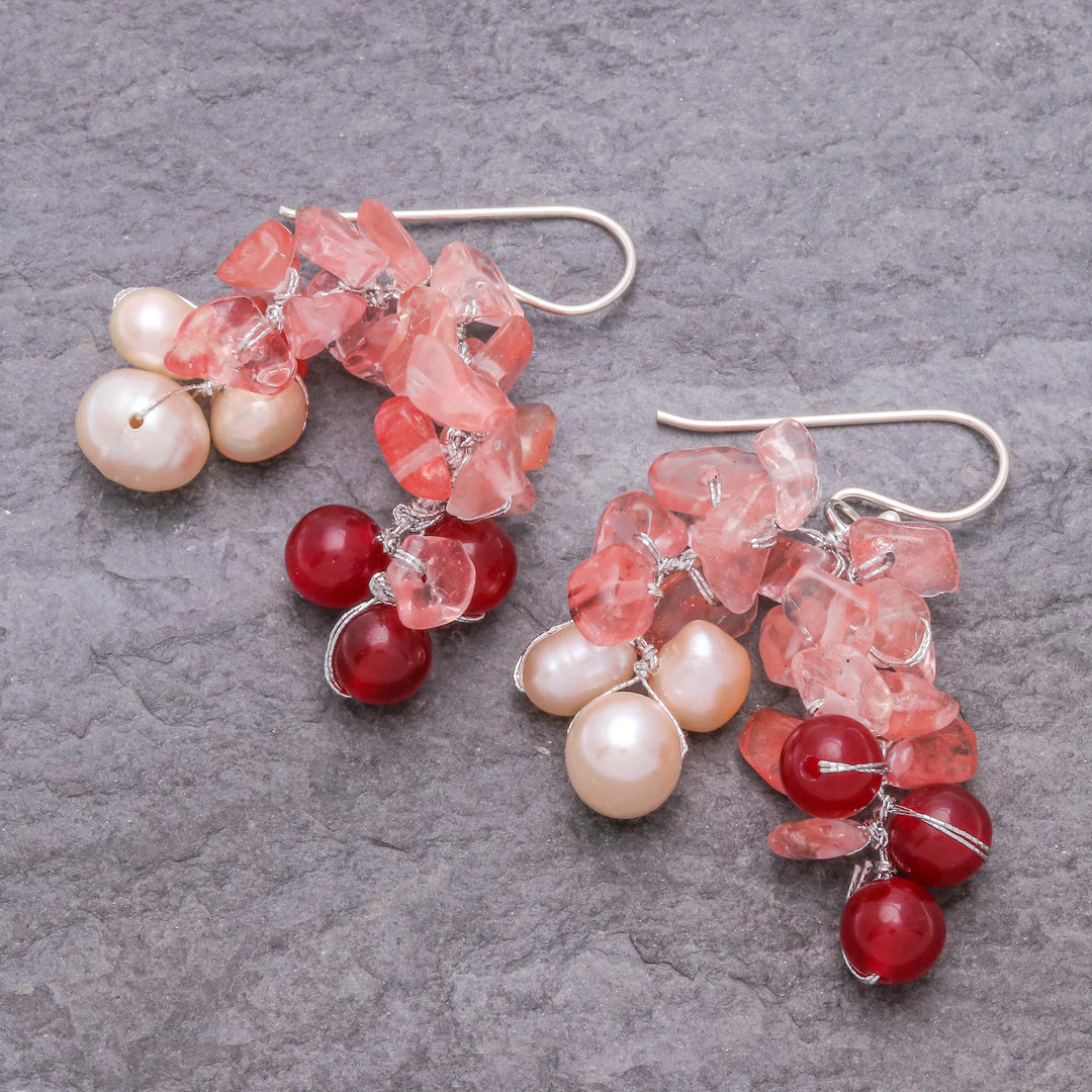 Thai Cultured Pearl and Quartz Dangle Earrings - Pink Palace