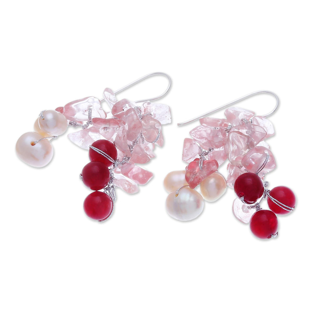Thai Cultured Pearl and Quartz Dangle Earrings - Pink Palace