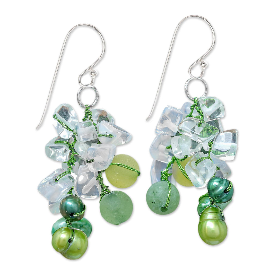 Green Cultured Pearl and Rainbow Moonstone Dangle Earrings - Eye Candy in Green