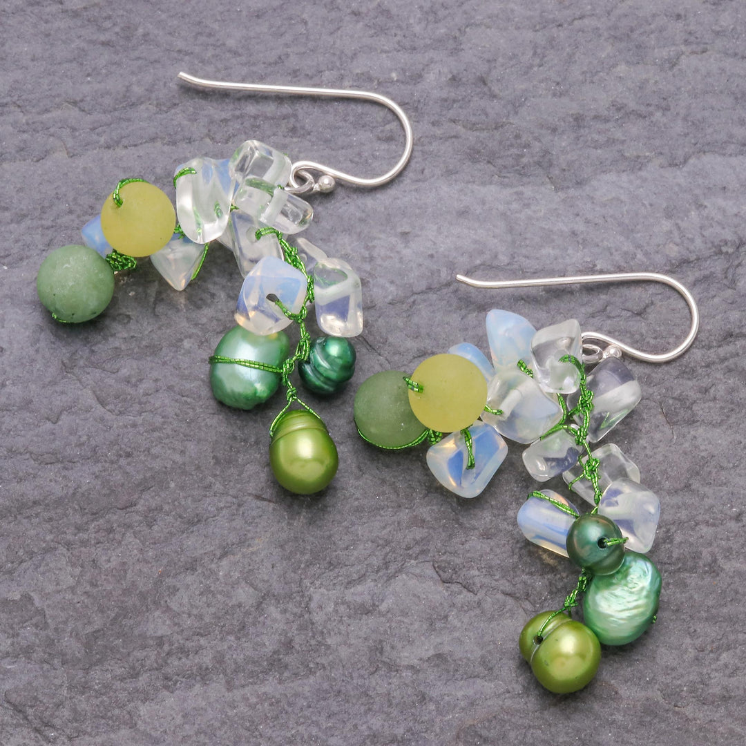 Green Cultured Pearl and Rainbow Moonstone Dangle Earrings - Eye Candy in Green