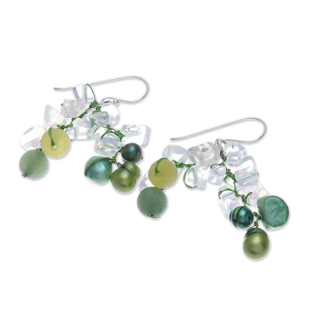 Green Cultured Pearl and Rainbow Moonstone Dangle Earrings - Eye Candy in Green