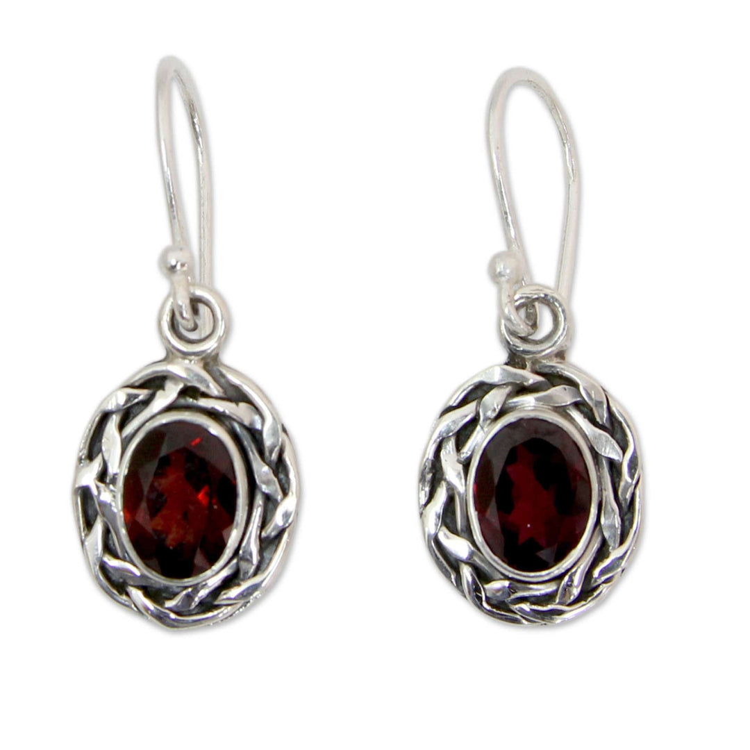 Garnet Dangle Earrings Set in Woven 925 Sterling Silver - Indian Basket