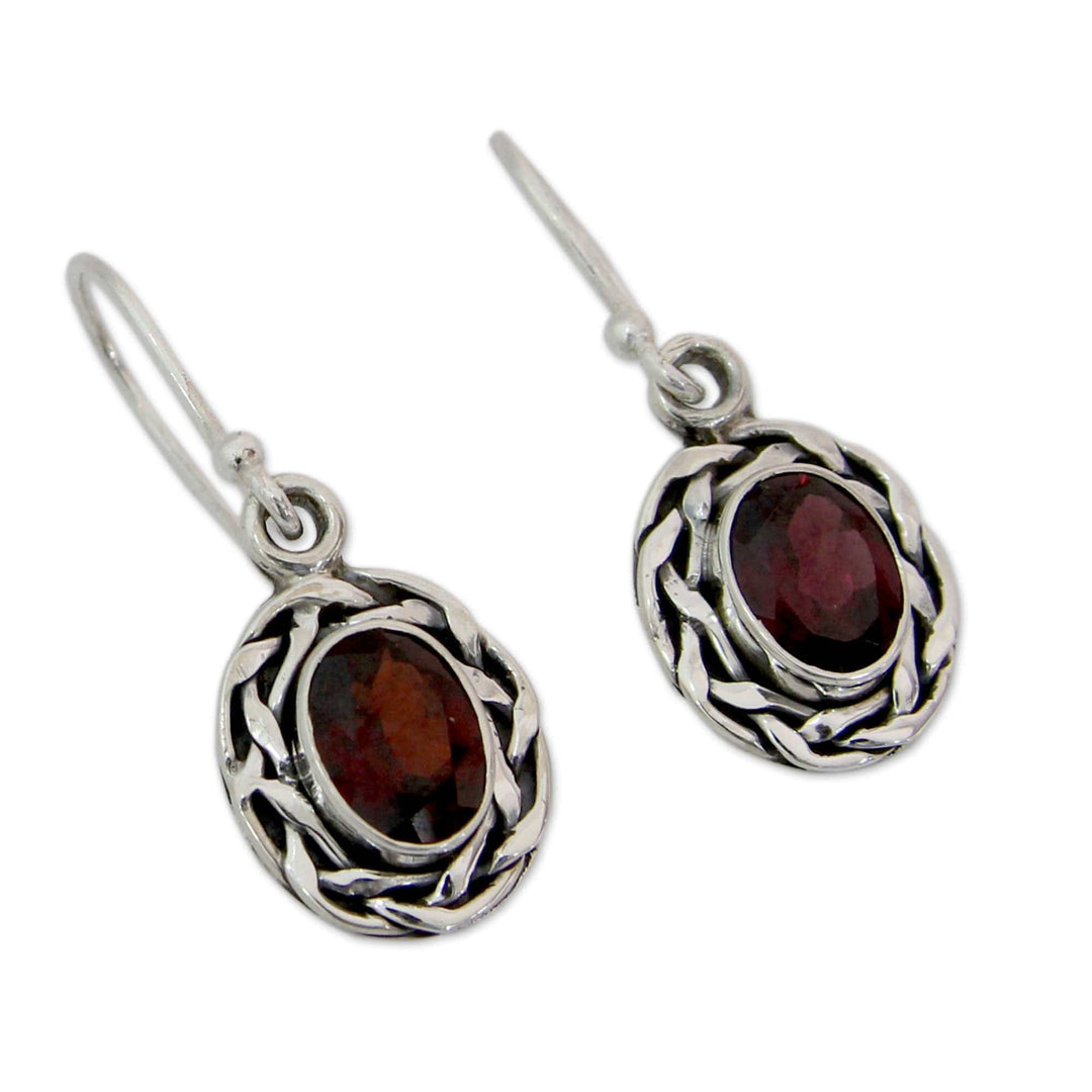 Garnet Dangle Earrings Set in Woven 925 Sterling Silver - Indian Basket