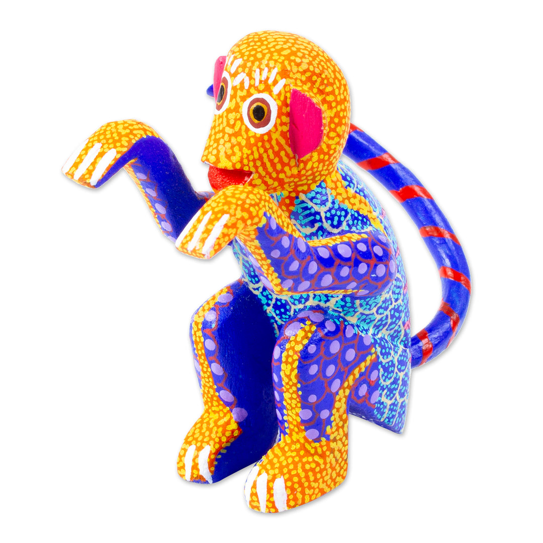 Small Hand-Painted Wood Alebrije Sculpture - Bright Monkey