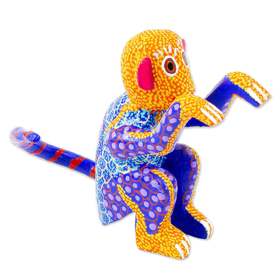 Small Hand-Painted Wood Alebrije Sculpture - Bright Monkey