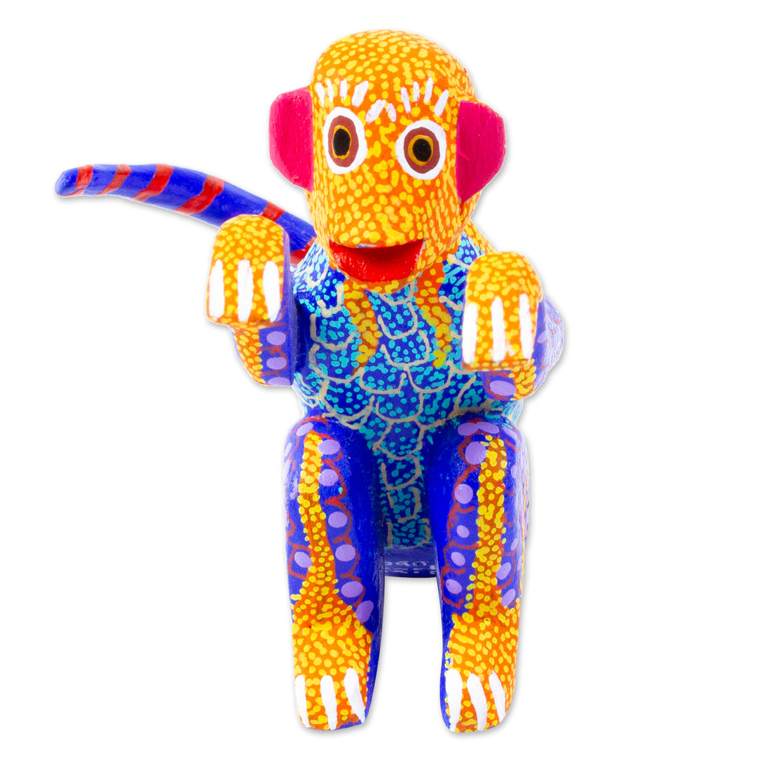 Small Hand-Painted Wood Alebrije Sculpture - Bright Monkey