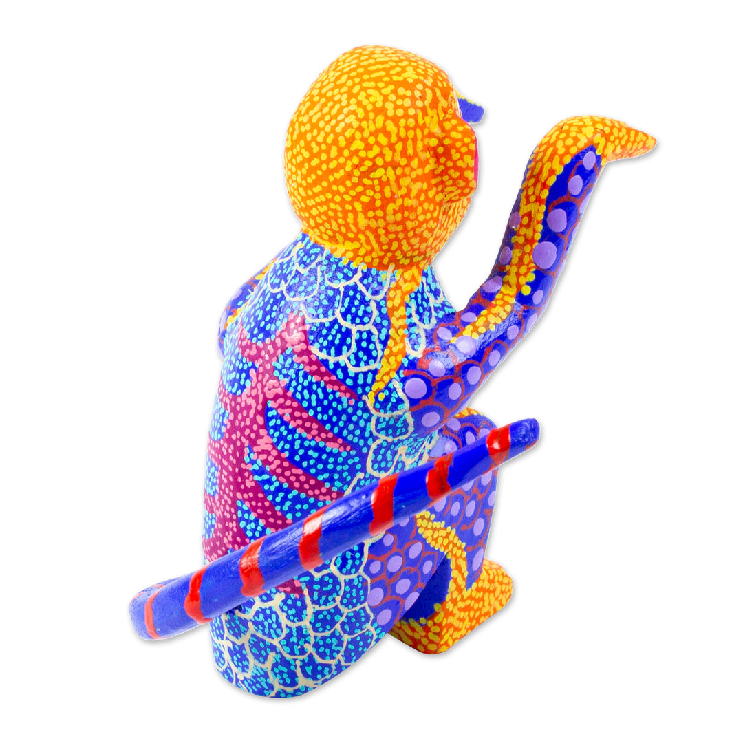Small Hand-Painted Wood Alebrije Sculpture - Bright Monkey