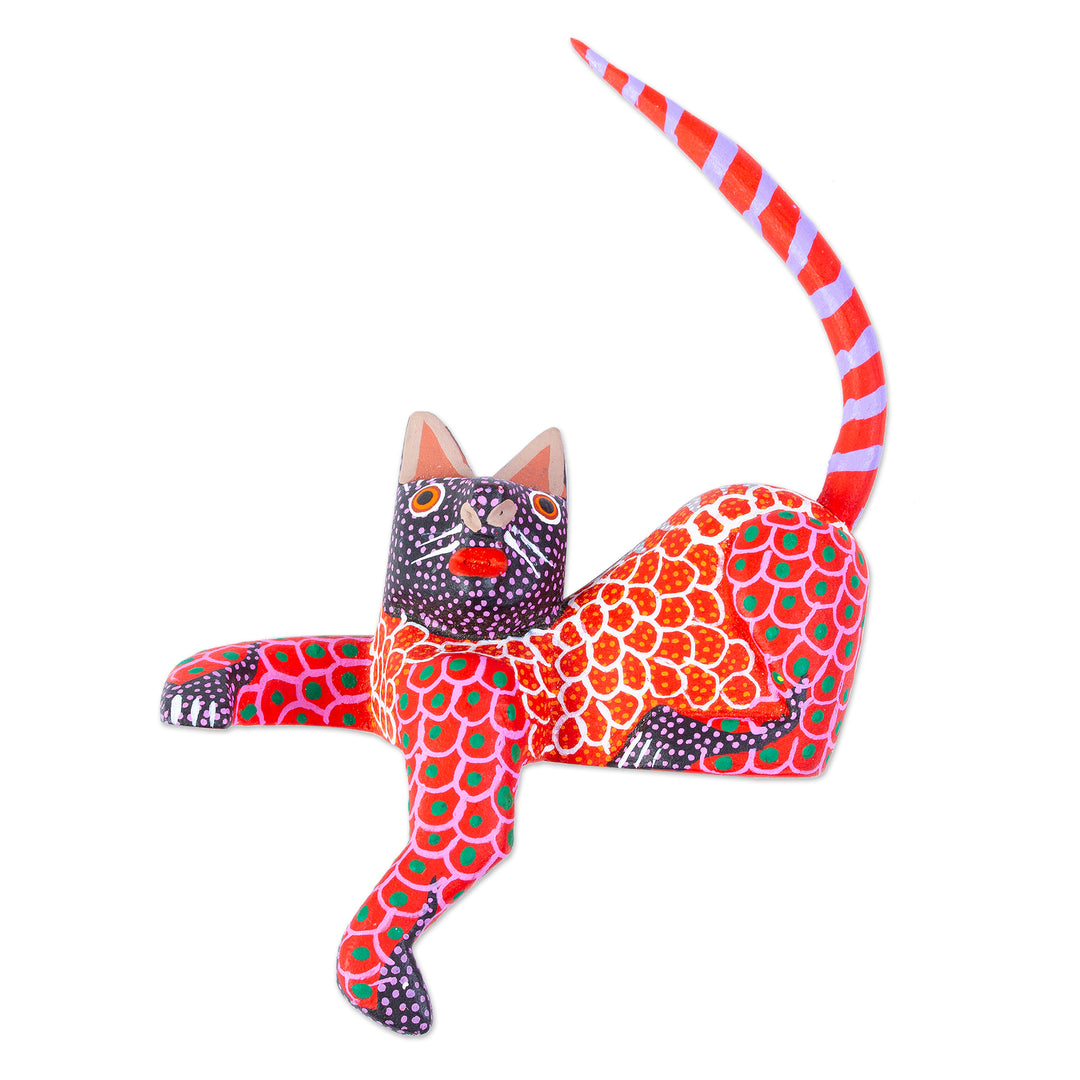 Mexican Wood Alebrije Figurine - Lounging Cat in Red