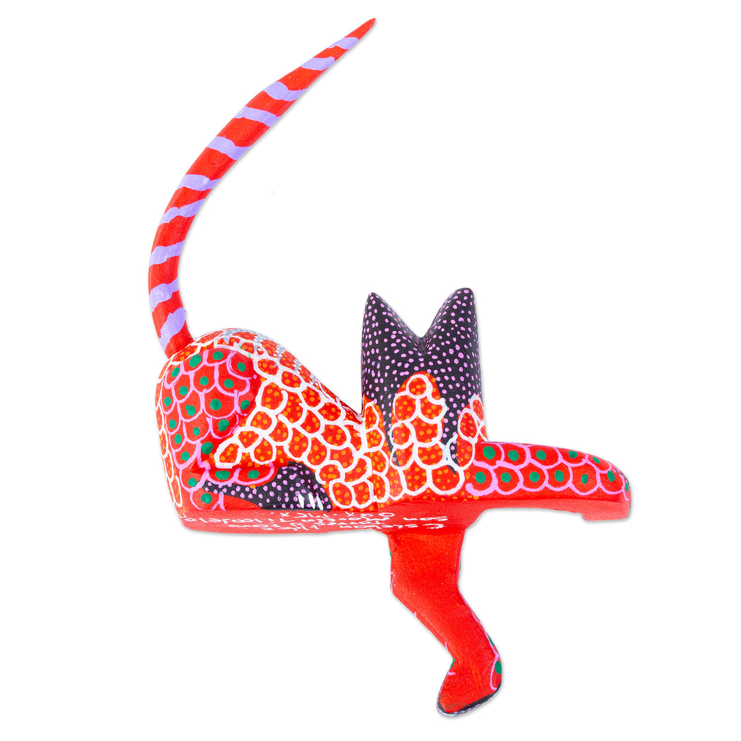 Mexican Wood Alebrije Figurine - Lounging Cat in Red