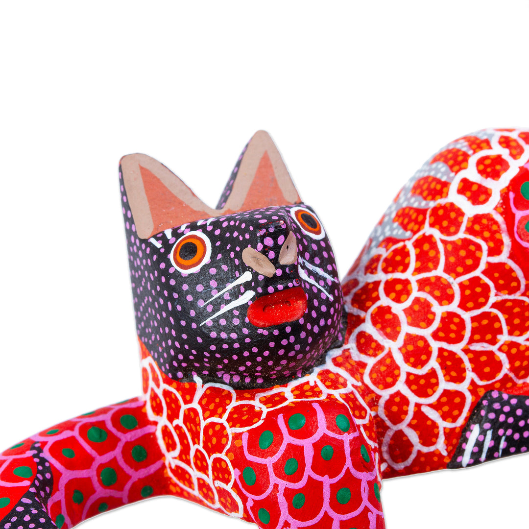 Mexican Wood Alebrije Figurine - Lounging Cat in Red
