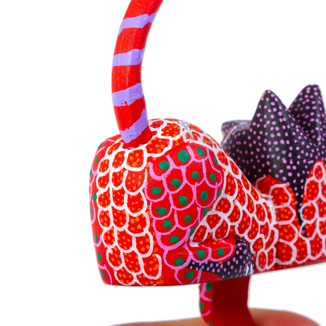 Mexican Wood Alebrije Figurine - Lounging Cat in Red
