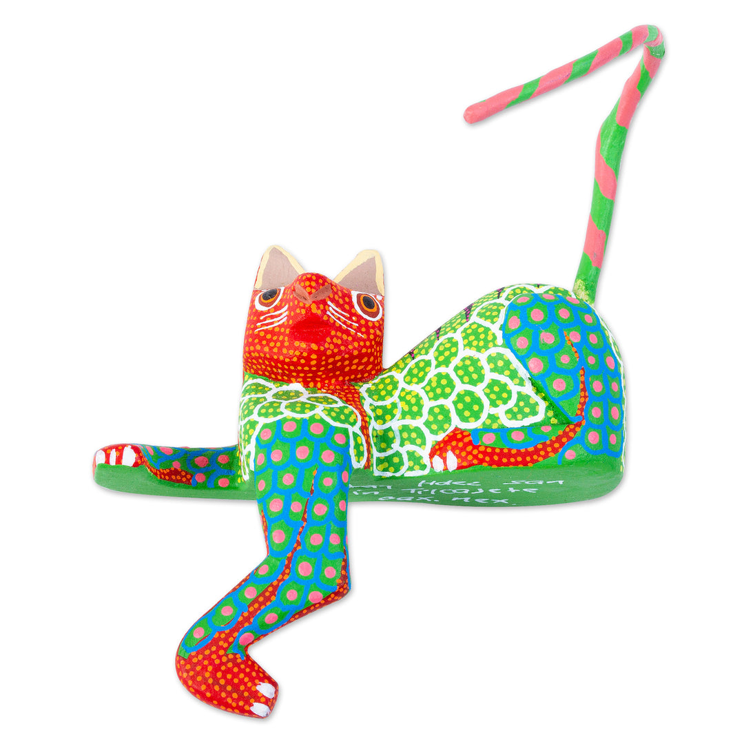 Handmade Alebrije for Shelf or Table - Lounging Cat in Green