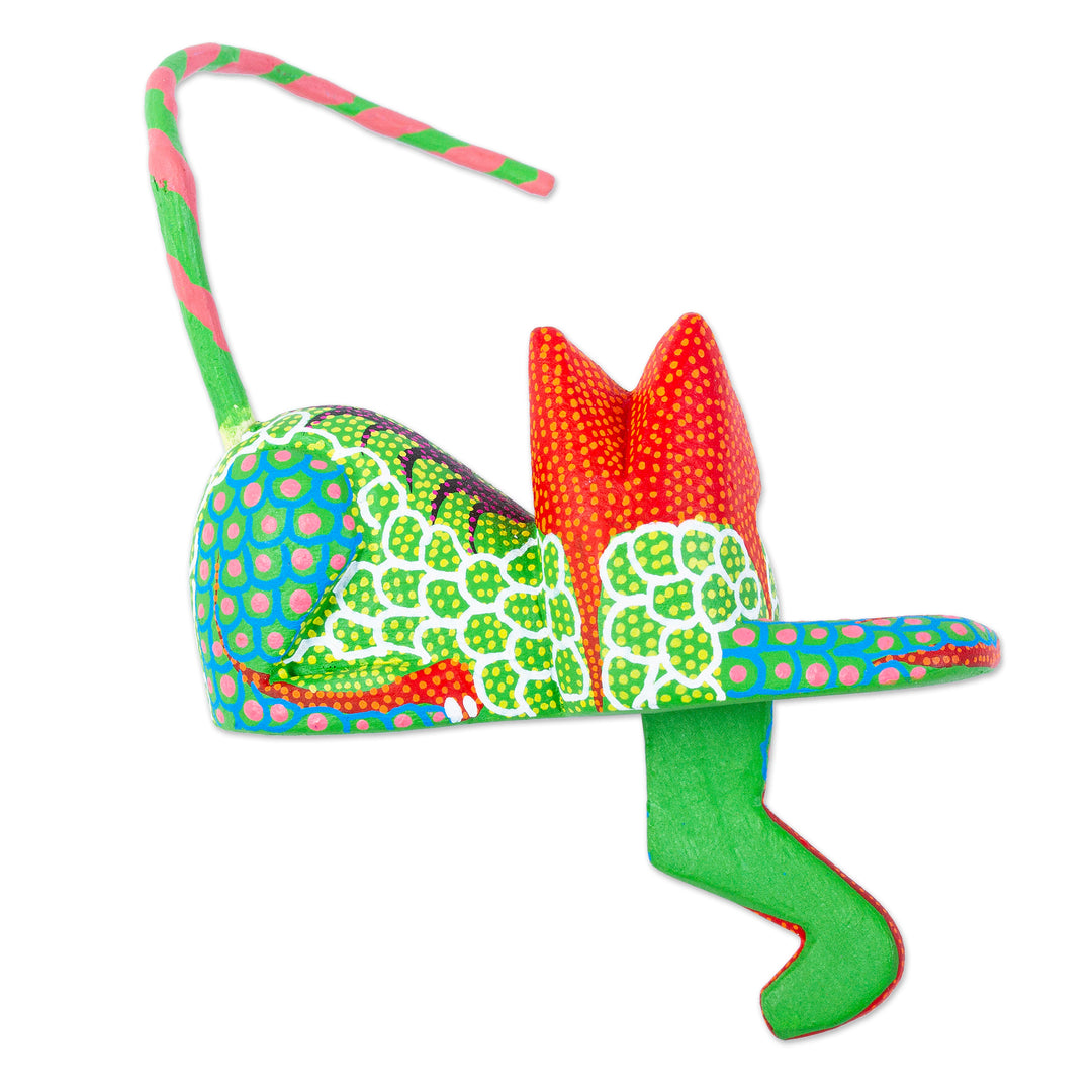 Handmade Alebrije for Shelf or Table - Lounging Cat in Green