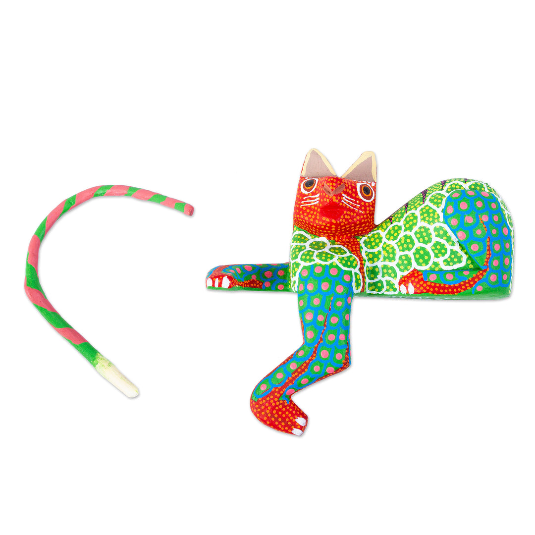 Handmade Alebrije for Shelf or Table - Lounging Cat in Green