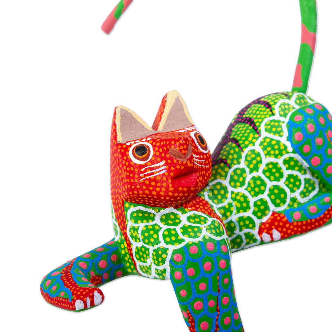 Handmade Alebrije for Shelf or Table - Lounging Cat in Green