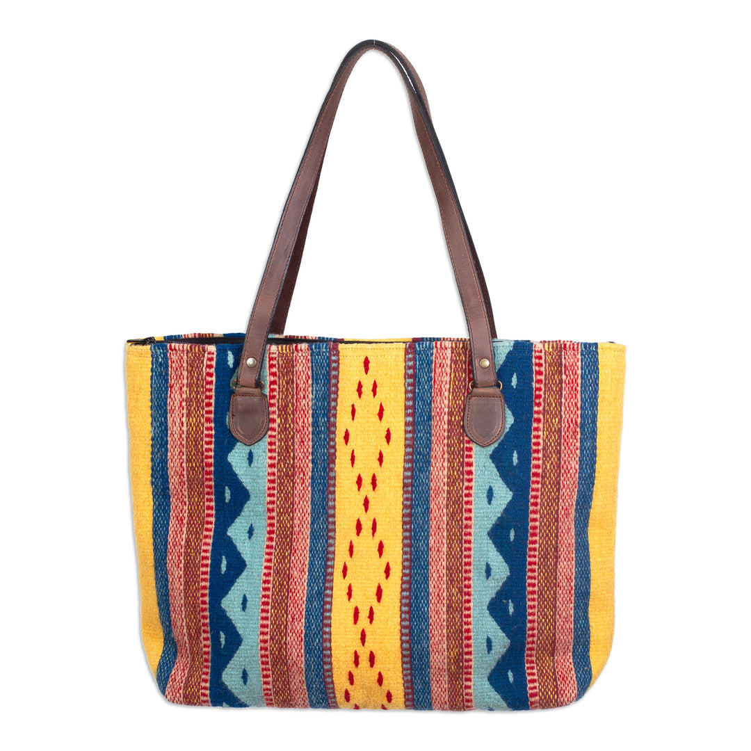 Handwoven Fiesta Motif Leather Accent Wool Zapotec Tote Bag - Afternoon Fiesta