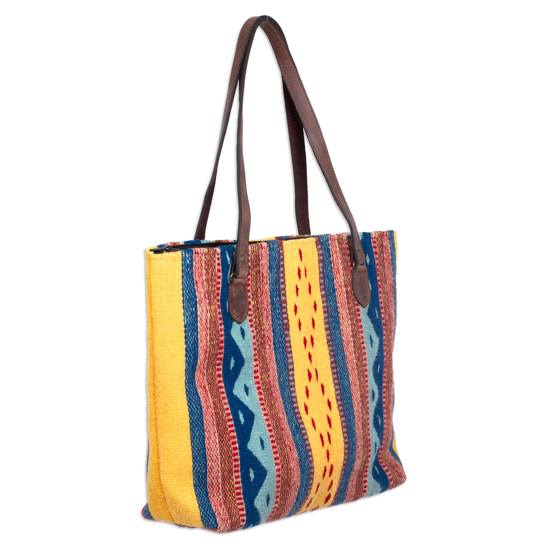 Handwoven Fiesta Motif Leather Accent Wool Zapotec Tote Bag - Afternoon Fiesta