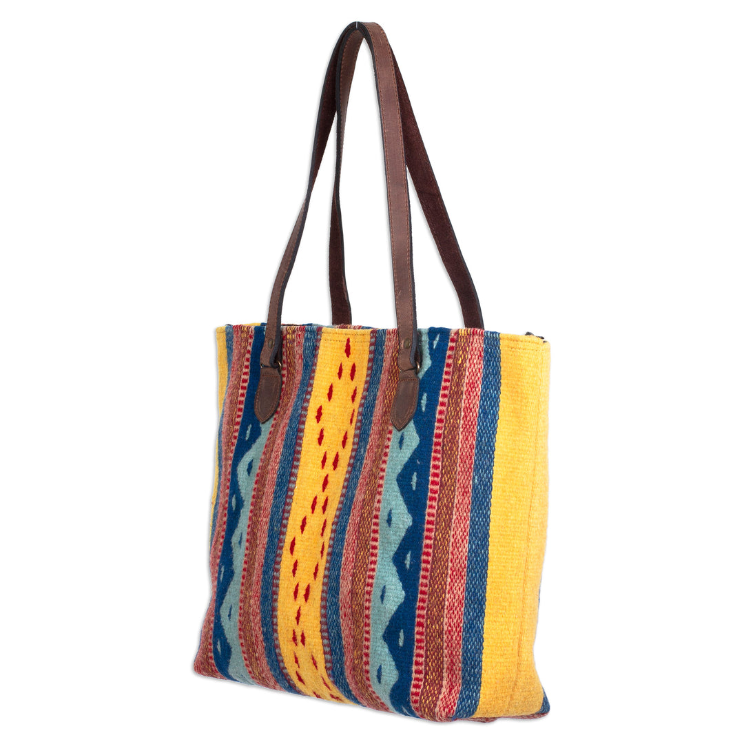 Handwoven Fiesta Motif Leather Accent Wool Zapotec Tote Bag - Afternoon Fiesta