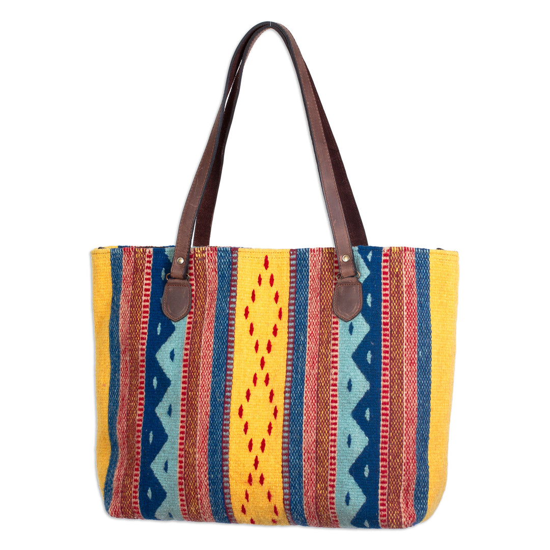 Handwoven Fiesta Motif Leather Accent Wool Zapotec Tote Bag - Afternoon Fiesta