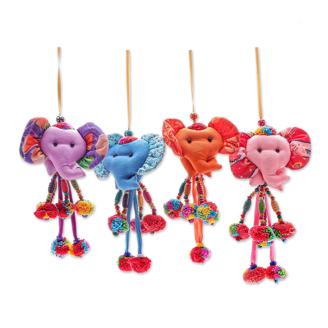 Handcrafted Cotton Blend Elephant Ornaments (Set of 4) - Happy Parade