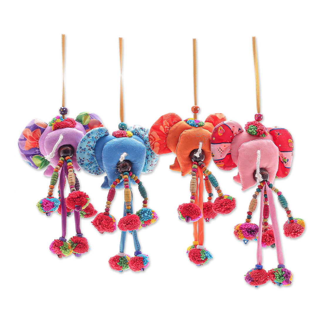 Handcrafted Cotton Blend Elephant Ornaments (Set of 4) - Happy Parade