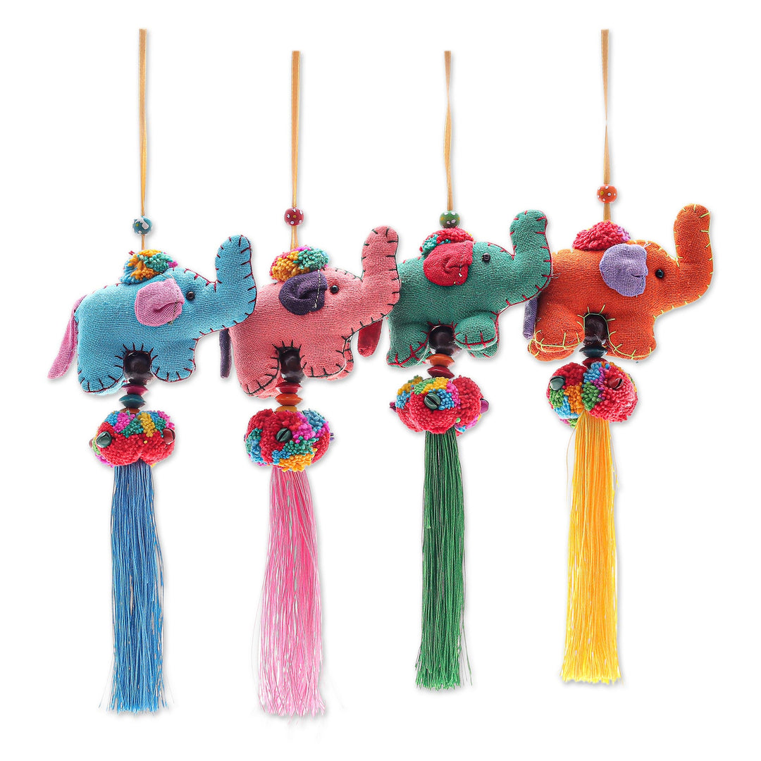 Handcrafted Cotton Blend Elephant Ornaments (Set of 4) - Festive Parade